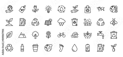 Ecology line icon set. Vector pictograms of recycling, solar panel, electric plug, water drop, gas pump, thermometer, plant, bicycle, thin outline illustration.