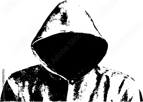 Mysterious hooded figure silhouette in black and white stencil art for urban design