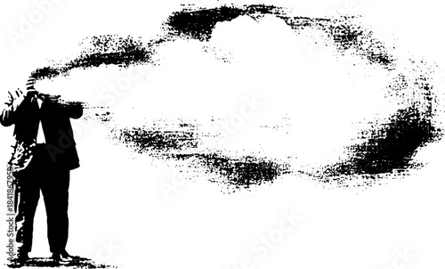 Urban graffiti concept: black and white stencil of person blowing cloud for modern art design