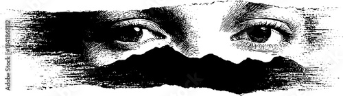 Intriguing black and white stencil of eyes peering through ripped poster