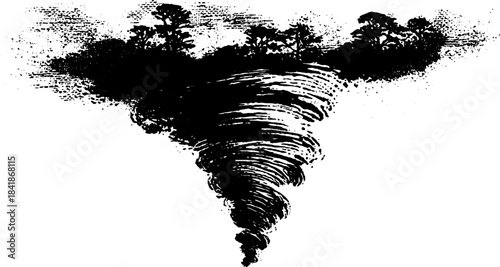 Black and white stencil art of a rising smoke swirl