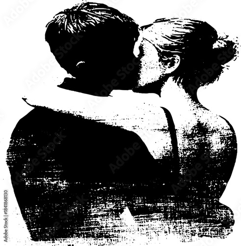 Romantic embrace in black and white stencil art for valentine design