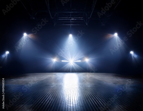 dark room with four bright lights shining on the floor the lights are evenly spaced and create a sense of depth