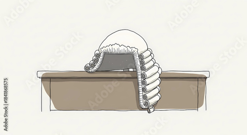 Illustration of a traditional white legal or barrister's wig resting on a wooden desk or table. Represents the historical legal profession.