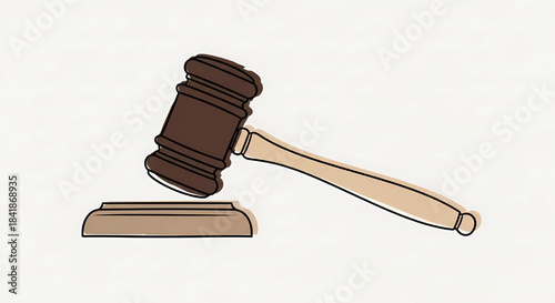 Stylized illustration of a wooden gavel and sound block, commonly used by a judge or auctioneer. Symbol of authority and legal decision.