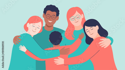 diverse family hugging in a group embrace vector illustration