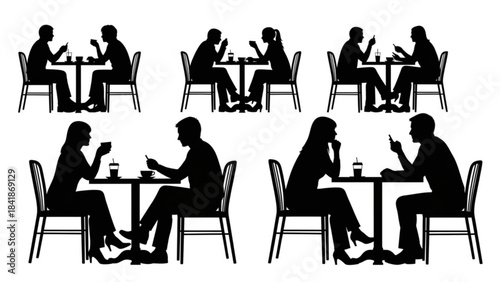 Shadowed Rendezvous: A collection of intimate silhouettes of couples, engrossed in conversation over drinks, creating a scene of warmth and connection.