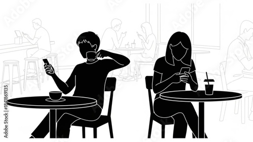 Connected Moment: Two individuals, engrossed in their devices and coffee, occupy cafe settings in an illustration. Reflecting on contemporary connectivity in public spaces.