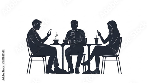 Silhouette Cafe Gathering: Capturing a candid moment, three individuals sit at a cafe table, engrossed in their smartphones, creating a modern social scene. 
