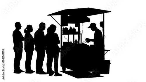 Silhouette Street Vendor: Capturing a vivid moment of everyday life, a street vendor prepares culinary delights while a line of customers patiently awaits.