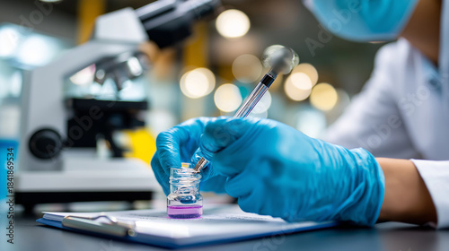 Faceless scientist conducting lab research, defocused clinical investigation, laboratory experimentation work, scientific analysis session, medical study activity, diagnostic testi