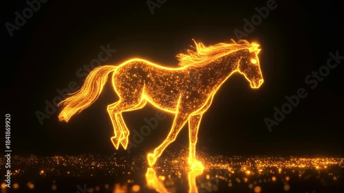 a golden horse made of glowing particles, running in the air, black background, high definition wallpaper 