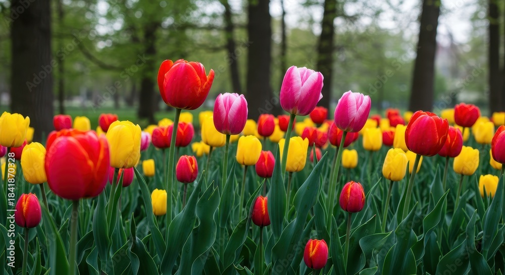 Obraz premium A peaceful outdoor scene showing vibrant red, yellow, and pink tulips swaying gracefully in the soft, invisible force of a refreshing spring wind ,garden, flower, colorful