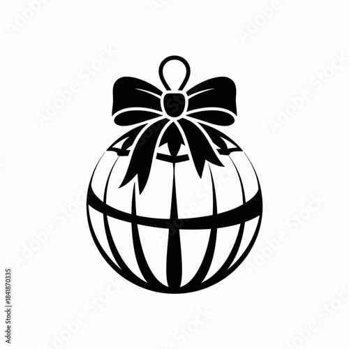 A monochrome graphic featuring a spherical ornament adorned with a bow on top.