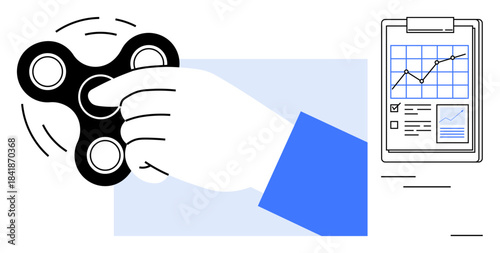 Stress management, productivity tools, focus enhancement, business analysis, time management, relaxation aids. A hand spinning a fidget spinner next to a clipboard with analytics chart. Stress