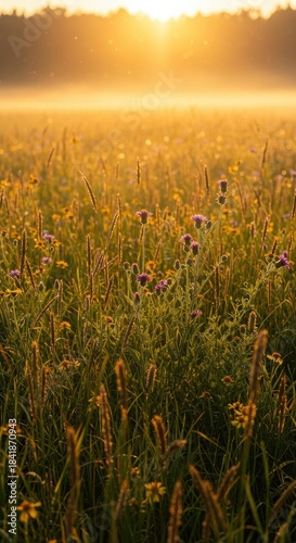 Golden sunlight illuminates a lush field of tall summer grass and blooming wildflowers during the longest days of the year. Hazy, warm atmosphere ,landscape ,natural light ,summer