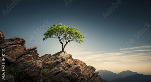 Resilient small tree growing high out of a harsh, weathered rock formation on a steep cliff edge, symbolizing tenacity and natural survival ,Tree, daylight, high