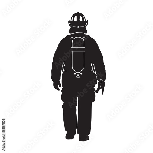 Firefighter Silhouette in Protective Gear on Black Background