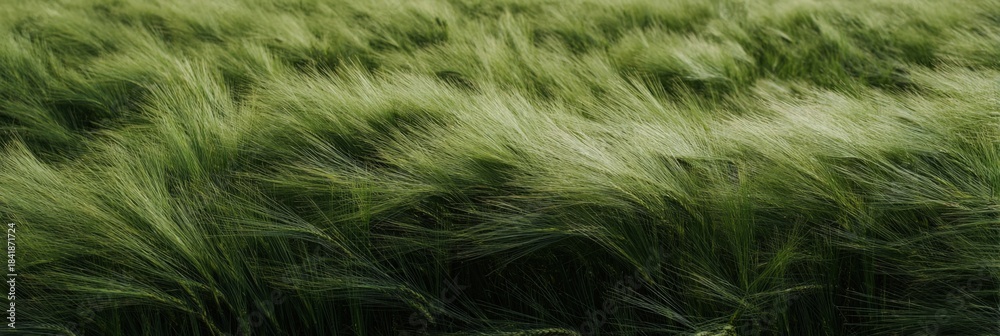 Fototapeta premium Lush green barley field swaying in the wind under a cloudy sky