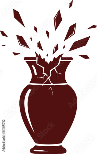 Dark red silhouette of a vase shattering into sharp, flying fragments, symbolizing loss, failure, irreparable damage, or emotional breakdown.