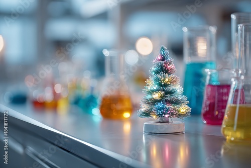 A tiny, illuminated Christmas tree on a sterile lab bench surrounded by colorful chemicals in beakers, symbolizing science, holiday breaks, medical research, and seasonal gratitude.