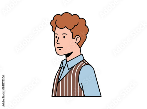A young male office worker with curly hair and a modern hairstyle, shown in a flat vector illustration, faces profile to the side against a white background, portraying a business character