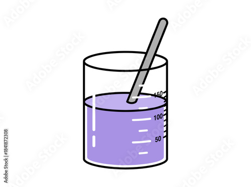 Beaker, laboratory glassware, a measurement container with a metal stirring stick for chemical experiments and lab tests, containing acid liquid, shown as a flat cartoon vector illustration on a