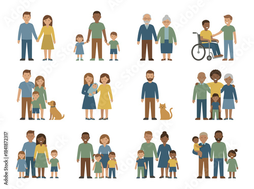 A collection of various romantic relationships and marriages—polygyny, interracial, LGBT, and elderly couples—depicted on a white background, celebrating love diversity in a flat cartoon illustration