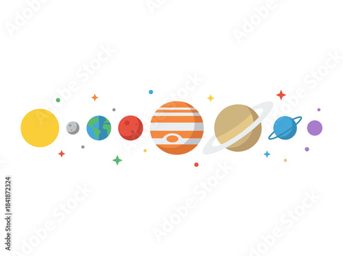 A horizontal row of solar system planets set against a black backdrop, depicting celestial bodies in outer space and natural cosmic objects in the galaxy, rendered as an elegant, colorful vector