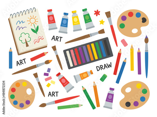 Creative stationery border design featuring art tools and supplies—paints, pencils, oil tubes, and drawing and painting accessories—displayed on a long web banner, with a flat vector illustration