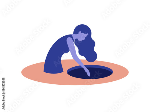 An abstract psychological concept depicting a sorrowful woman in mourning, illustrating mental health struggles, a metaphorical spirit hole, and inner sorrow, grief, and melancholy through a flat