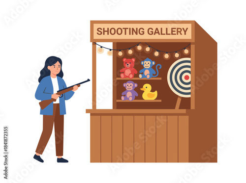 Flat vector illustration of a girl aiming a rifle at balloon targets for fun in a carnival shooting gallery booth, featuring toy prizes, set against a white background