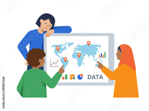 A team of developers and designers showcases a digital project and website interface, while business professionals attend a web product, site, and landing page presentation, all illustrated in a flat