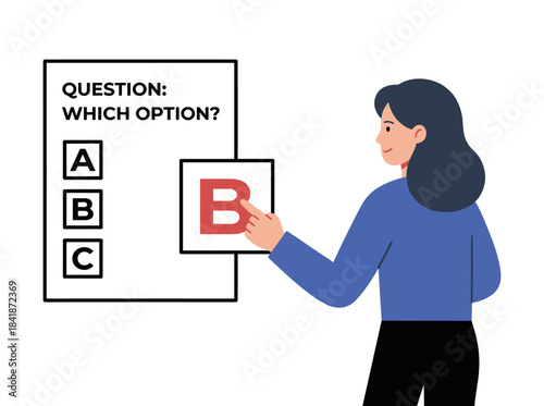 A female student taking an exam and selecting the wrong answer, illustrating a mistake in an educational concept with a colored flat vector image on a white background