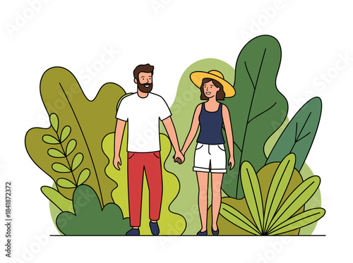 A relaxed young couple strolls hand in hand outdoors in a flat vector illustration, happily spending time together against a white background, enjoying their romantic relationship