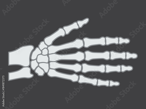 A monochrome flat cartoon illustration depicting a hand or palm with wrist and fingers, captured as an X‑ray image or radiograph in modern medical radiography of the human skeletal system