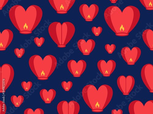A seamless pattern of Chinese lanterns drifting across a night sky, set against a backdrop of traditional Asian Mid‑Autumn Festival decorations, rendered as a colorful vector illustration for