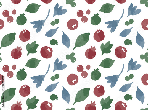 A refined botanical seamless design featuring coffee tree branches, leaves, flowers, and fruits against a white backdrop, rendered in a vintage natural illustration style suitable for textiles