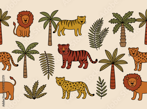 A flat cartoon vector illustration featuring a collection of playful lions, tigers, leopards, exotic foliage, tropical plants, and a palm tree set against a light background, showcasing a bundle of