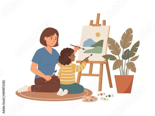 A charming mother and daughter engage in painting or drawing, a delightful mom and child enjoy a recreational art activity together, depicted in a flat, colorful cartoon vector illustration