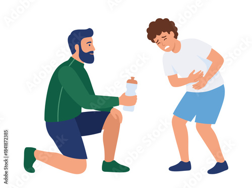 A trainer supports a fatigued man during a gym workout in a flat vector illustration, with the male coach recommending water to the client after a strenuous session, depicting a personal fitness