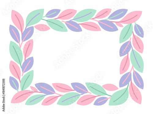 A vertical natural backdrop adorned with colorful translucent leaves, featuring a floral card template with a green, pink, and purple tree foliage frame or border, rendered as a flat‑style vector