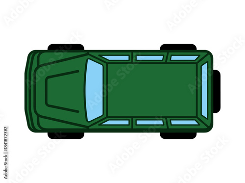 A top‑view illustration of a pickup truck, an off‑road vehicle, a long 4x4 car, and a pickup road transport, along with an American SUV auto from above, all rendered as a flat graphic vector isolated