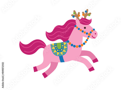 Adorable circus horse adorned with feathers and horsecloth, a childlike trained animal, a delightful circus equine, a flat vector cartoon illustration for a t‑shirt print