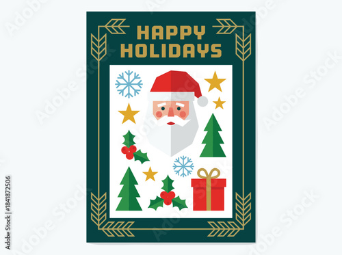 Design for a Christmas and New Year holiday card: a festive greeting poster featuring Santa Claus, baubles, ribbons, and ornaments arranged in a Nordic Scandinavian style, with seasonal symbols and