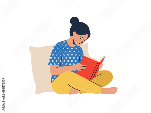 A smiling young girl sits with an open book or textbook, reading children’s literature at home, learning smartly, depicted as a colored flat cartoon vector illustration on a white background