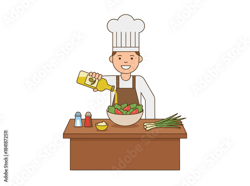 A pantry chef oils an appetizer, a professional cook presents a cold starter at a restaurant, a kitchen worker prepares a vegetarian salad, all depicted in a flat vector illustration on a white