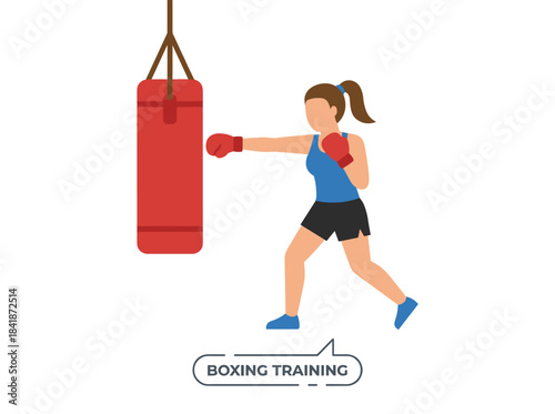 A female athlete strikes a punching bag, training with gloves as she delivers powerful blows in a strength workout, depicted as a flat vector illustration on a white background