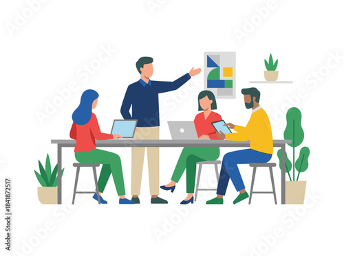An illustration shows a client consulting a bank adviser at a desk, a customer seated at a table in a financial services department, and a loan and credit consultant acting as finance manager, all