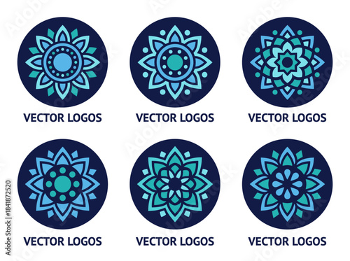 A set of circular Arabic motifs outlined with contour lines, featuring elegant mandalas or decorative elements set against a black background, rendered as a lineart vector illustration suitable for a